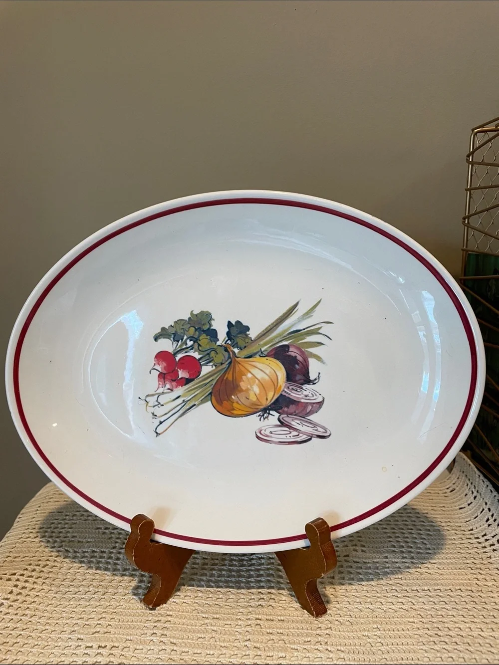 White Ceramic Serving Platter with Red Rim and Vegetable Motif by Homer Laughlin